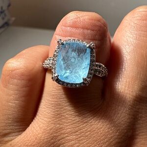 Bomb Party Size 7 Aqua Stone Gemstone Ring on Rhodium Plating